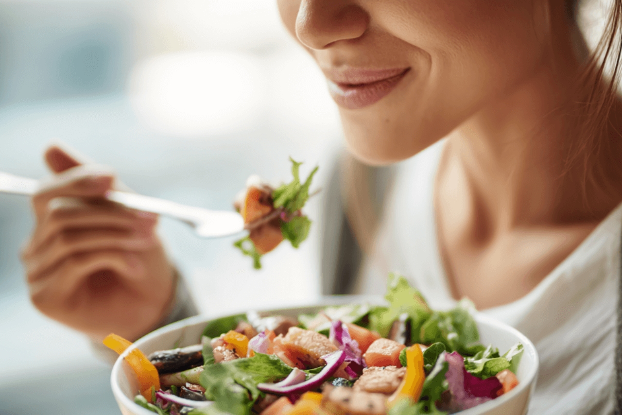 Frau genießt frischen, ausgewogenen Salat mit Gemüse – bewusste Ernährung als Grundlage für Hormonbalance, Gesundheit und ganzheitliche Ernährungsausbildung bei Hormonyoga München.